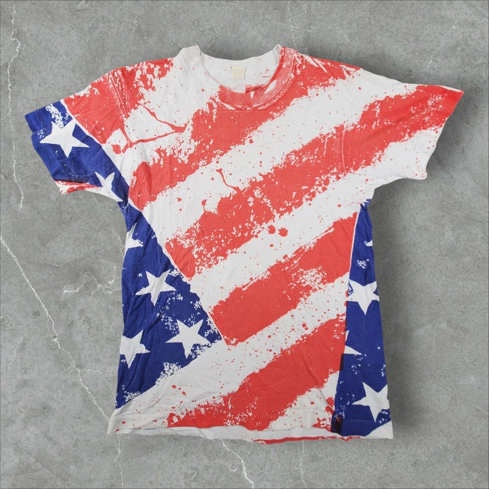Screen Stars T-Shirt Mens L Red White Blue American Flag Splatter Single Stitch